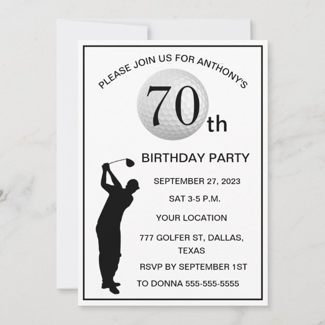 Invitation 70e anniversaire de la fête Golfer Black Par Papa  (Devant)