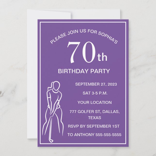 Invitation 70e Anniversaire de la fête Golfer Purple Par Ladi (Devant)