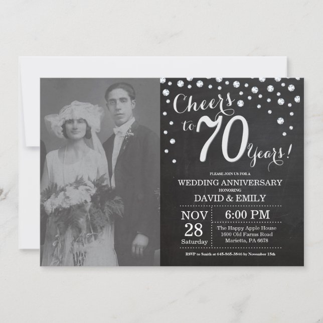 Invitation 70e Anniversaire de Mariage Ardoise Noir Argent (Devant)