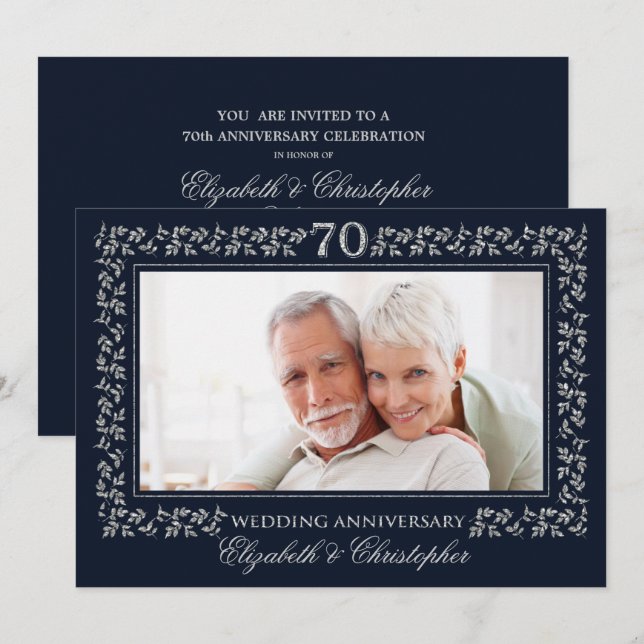 Invitation 70e Anniversaire de Mariage Photo Bleu Nuit Argent (Devant / Derrière)