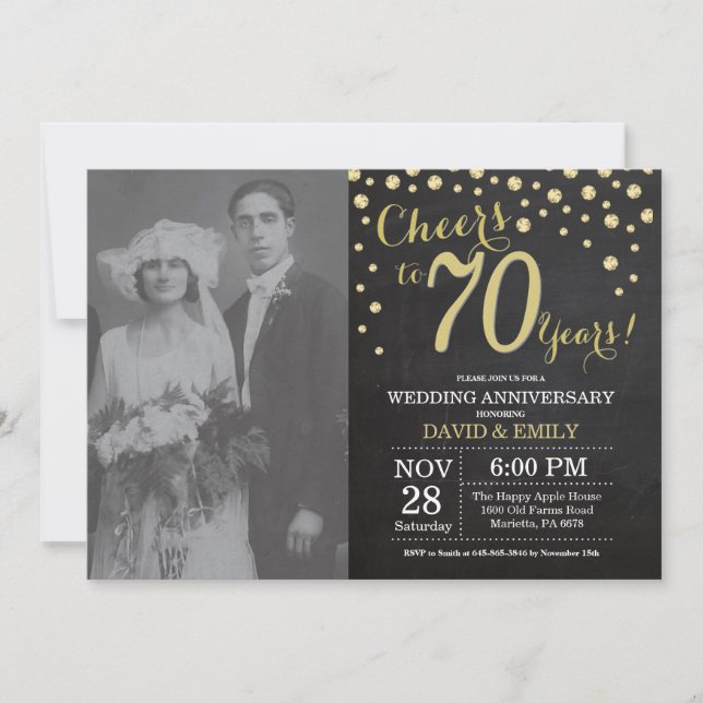 Invitation 70e anniversaire de mariage tableau noir et or (Devant)