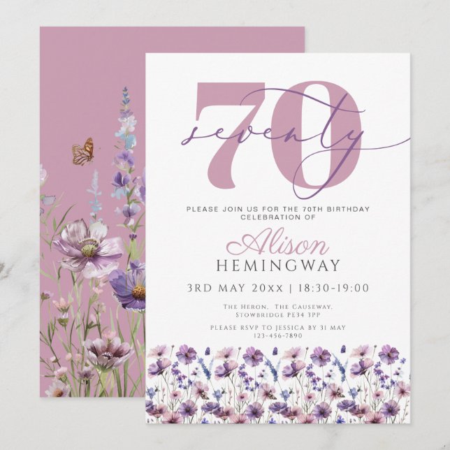 Invitation 70e anniversaire des papillons féminins pourpres f (Devant / Derrière)