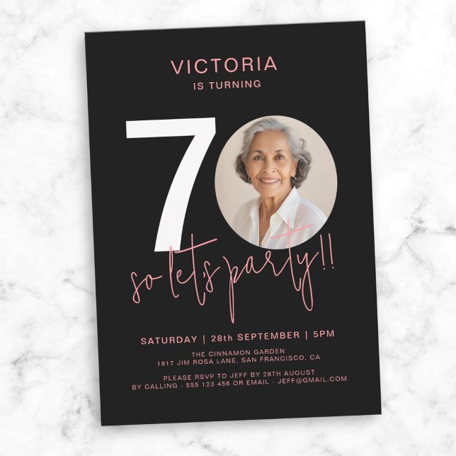 Invitation 70e anniversaire du Black Pink moderne (Modern Black Pink Photo 70th Birthday Invitation)