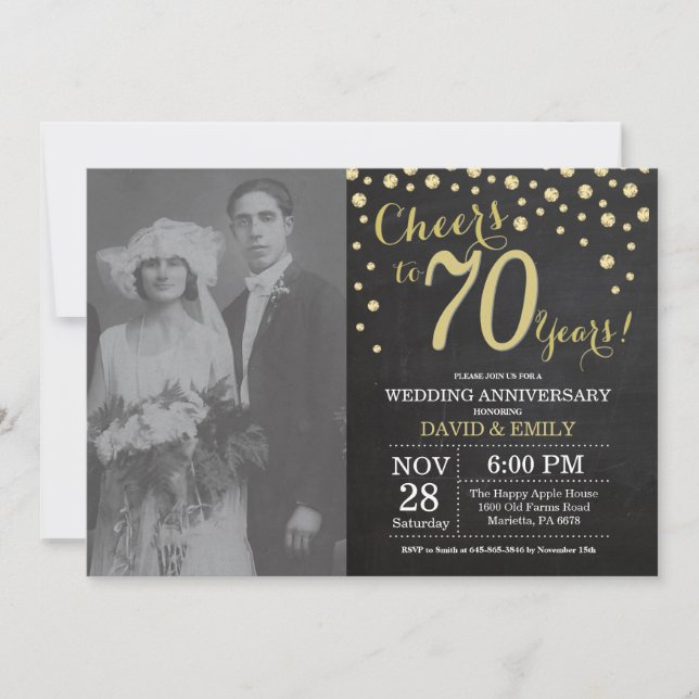 Invitation 70e anniversaire du Mariage Chalkboard noir et or (Devant)