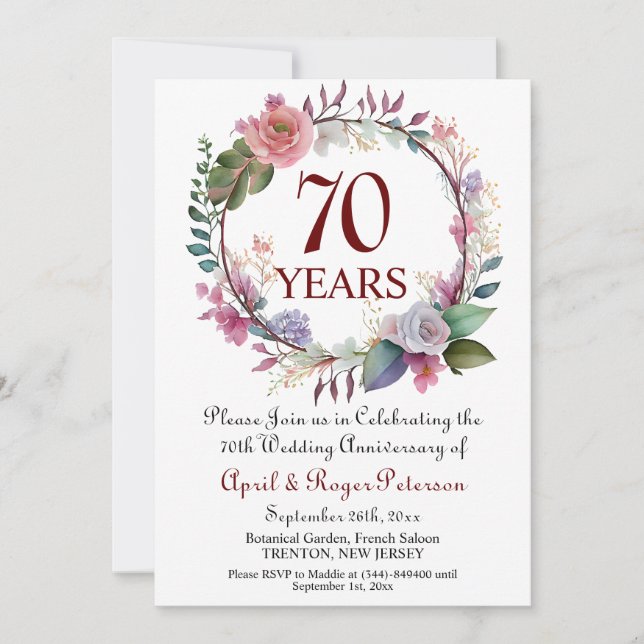 Invitation 70e anniversaire du Platinum Mariage Floral (Devant)