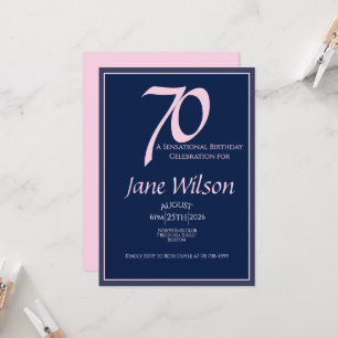 Invitation 70e Anniversaire Élégant Rose, Moderne Marine Scri