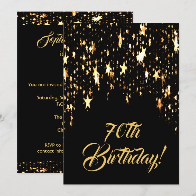 Invitation 70e anniversaire en noir avec des étoiles brillant (Devant / Derrière)