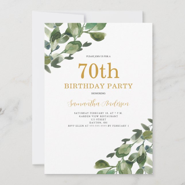 Invitation 70e anniversaire Eucalyptus Aquarelle d'or Script (Devant)