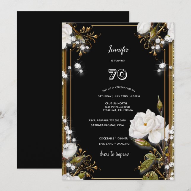 Invitation 70e anniversaire/fête Gold Ornate Frame Blanc Fleu (Devant / Derrière)