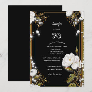 Invitation 70e anniversaire/fête Gold Ornate Frame Blanc Fleu