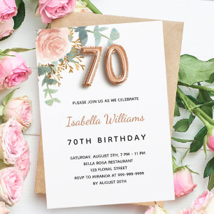 Invitation 70e anniversaire fleurie rose or eucalyptus vert