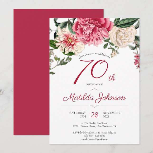 Invitation 70e anniversaire Floral Botanical Elegant Red Part (Devant / Derrière)