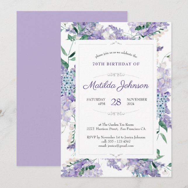Invitation 70e anniversaire Floral Botanical Purple Aquarelle (Devant / Derrière)
