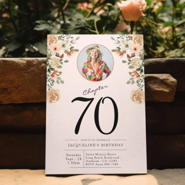 Invitation 70e anniversaire Floral Photo Party (Custom 70th birthday floral photo template invitation in a garden setting)
