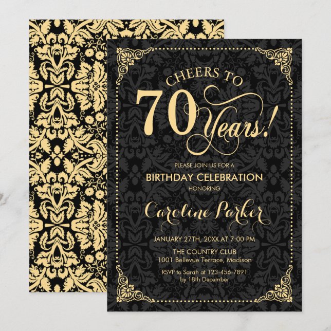 Invitation 70e anniversaire - Gold Black Damask (Devant / Derrière)