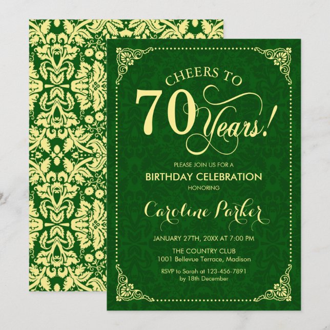 Invitation 70e anniversaire - Gold Green Damask (Devant / Derrière)
