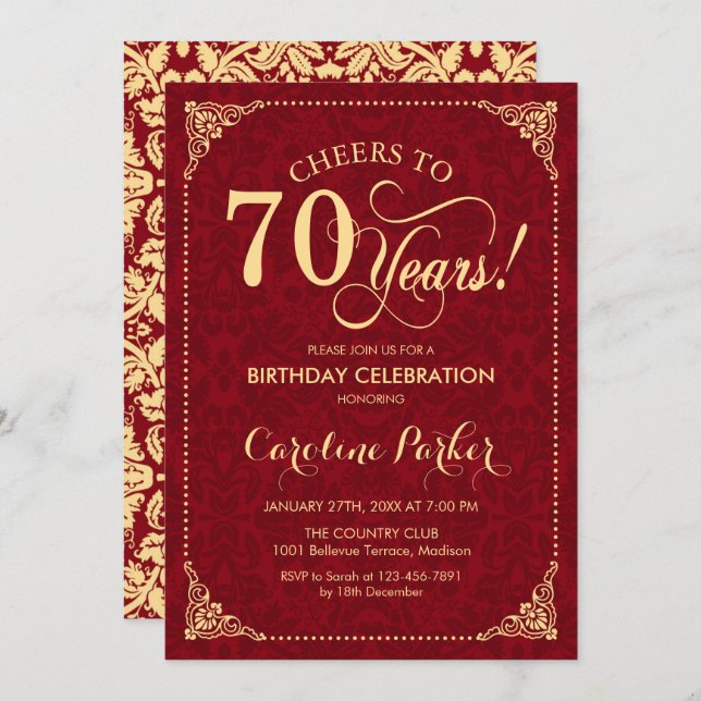 Invitation 70e anniversaire - Gold Red Damask (Devant / Derrière)