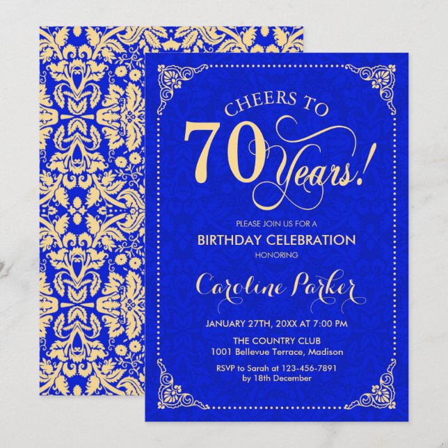 Invitation 70e anniversaire - Gold Royal Blue Damask (Devant / Derrière)