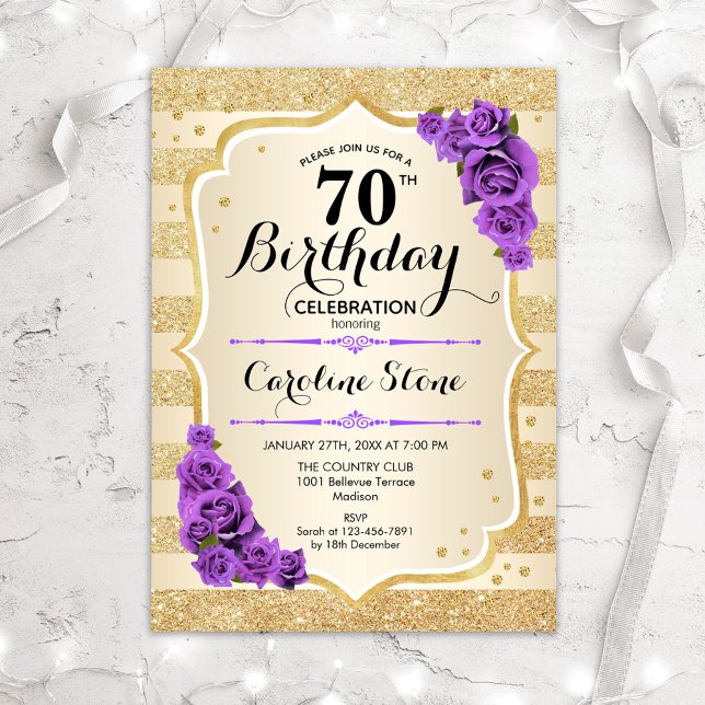 Invitation 70e anniversaire - Gold Stripes Roses violets (Créateur téléchargé)