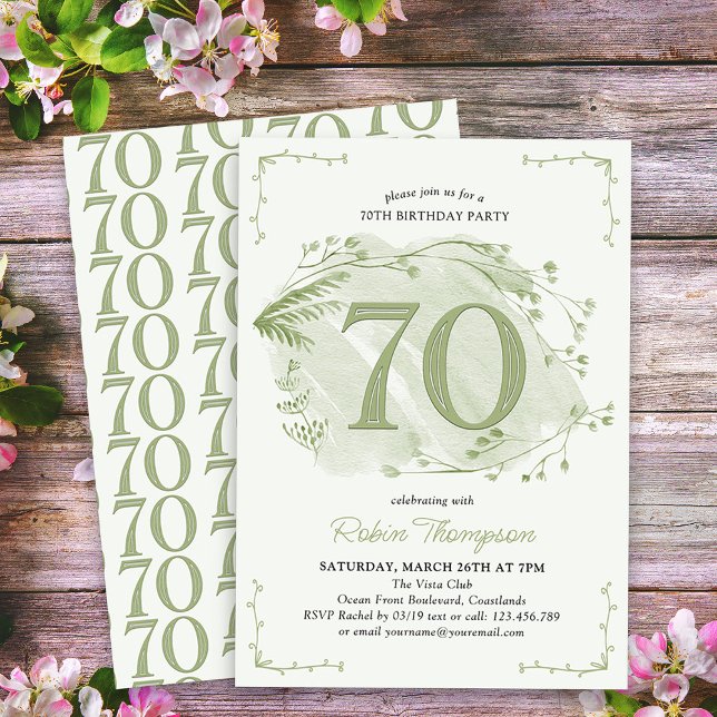 Invitation 70e anniversaire Green Dainty Fleur sauvage Numéro (70th Birthday Invitation - buy professionally printed or as digital download for printing or sharing)