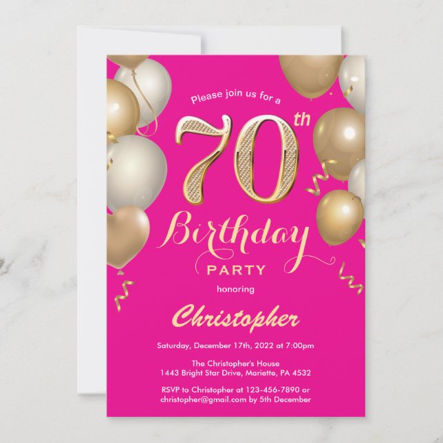 Invitation 70e Anniversaire Hot Pink et Gold Balloons Confett (Devant)