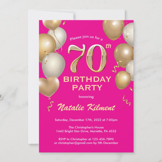 Invitation 70e anniversaire Hot Pink et Gold Parties scintill (Devant)