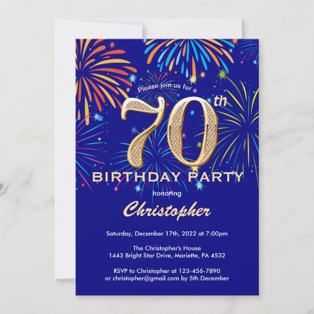 Invitation 70e anniversaire Marine Blue and Gold Rainbow Fire (Devant)