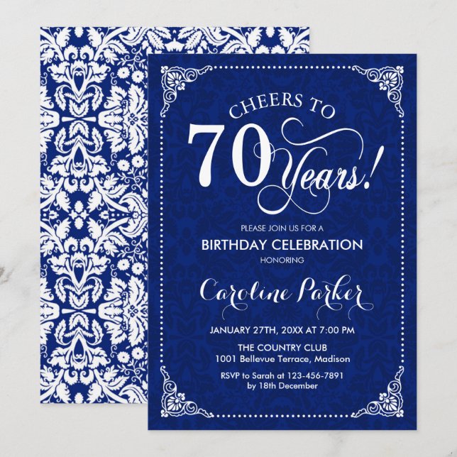 Invitation 70e anniversaire - Marine White Damask (Devant / Derrière)