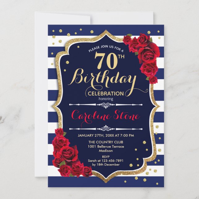 Invitation 70e anniversaire - Marine White Stripes et Red Ros (Devant)
