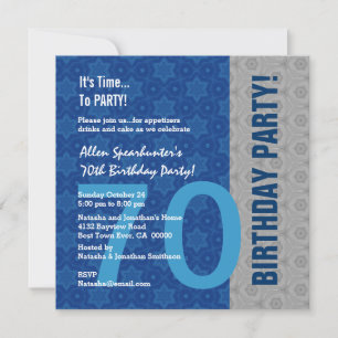 Invitation 70e anniversaire moderne argent et bleu drôle D848
