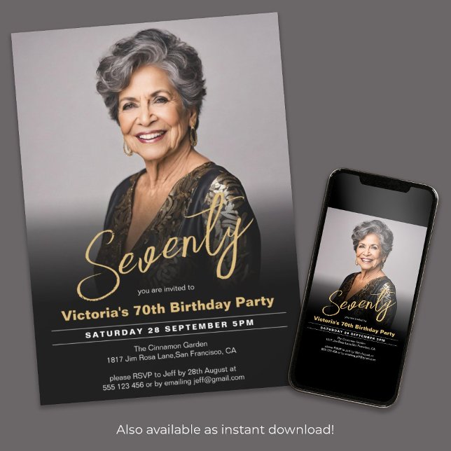 Invitation 70e anniversaire moderne Black Gold minimal photo (70th Birthday Modern Black Gold Minimal Photo Invitation)