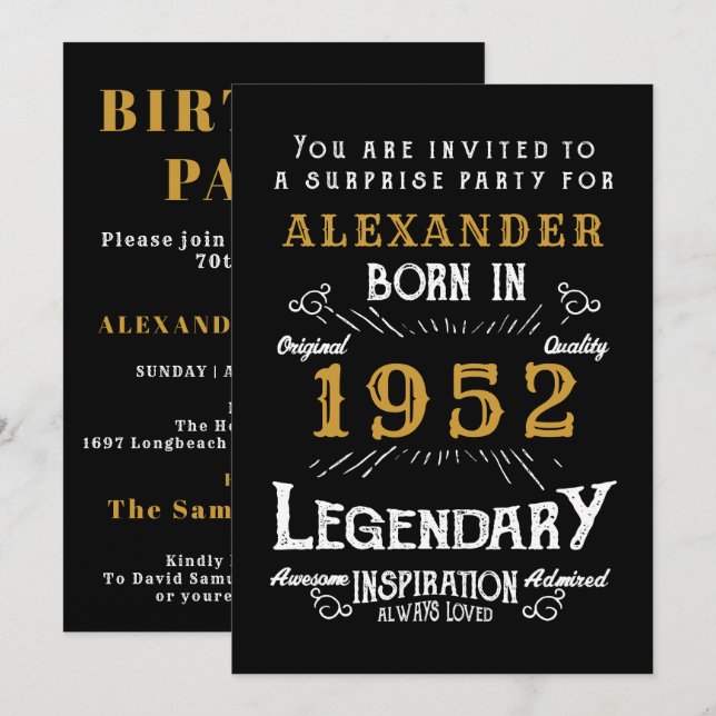 Invitation 70e anniversaire Né 1952 Black Gold Retro (Devant / Derrière)