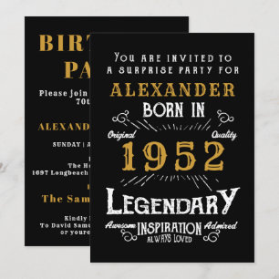 Invitation 70e anniversaire Né 1952 Black Gold Retro