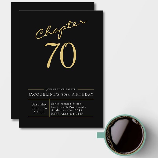 Invitation 70e Anniversaire Or Script moderne Noir (Chapter 70th. 70th Birthday black and gold birthday invitation with name and age.)