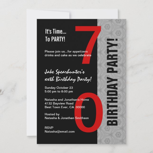 Invitation 70e anniversaire partie moderne rouge argent noir  (Devant)