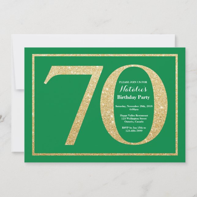 Invitation 70e anniversaire Parties scintillant verte et Gold (Devant)