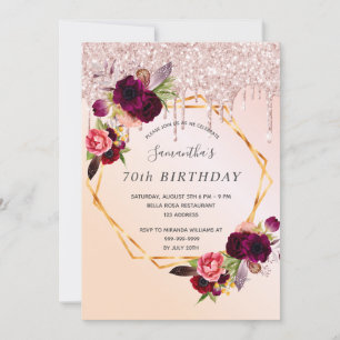 Invitation 70e anniversaire pêche rose florifères bordeaux
