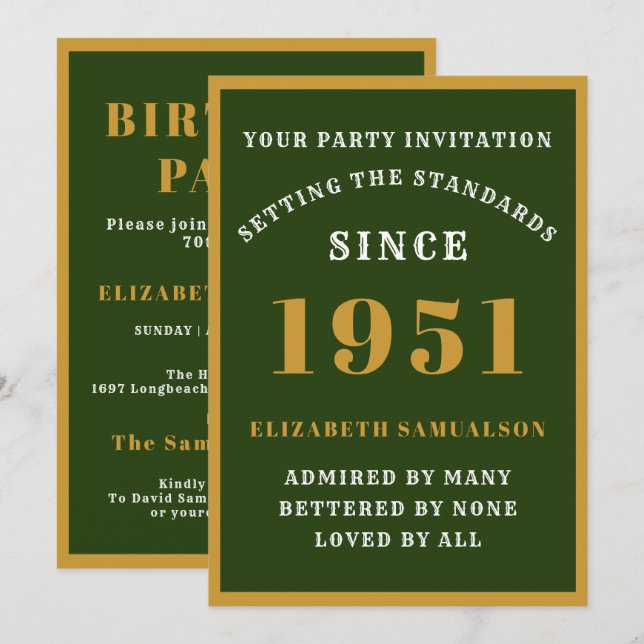 Invitation 70e anniversaire personnalisé 1951 Elégant or vert (Devant / Derrière)