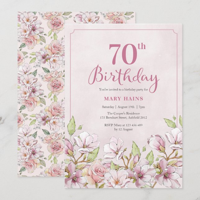 Invitation 70e anniversaire Pink Floral (Devant / Derrière)