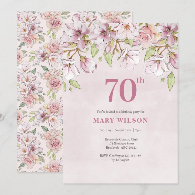 Invitation 70e anniversaire Pink Floral (Devant / Derrière)