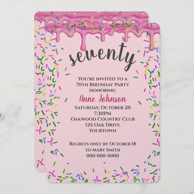 Invitation 70e Anniversaire Pink Icing Et Sprinkles (Devant / Derrière)