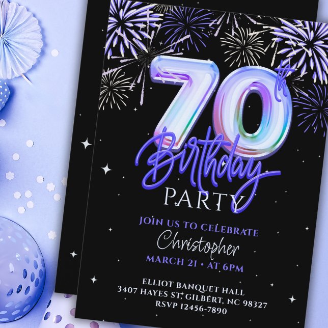 Invitation 70e anniversaire pour lui Blue Fireworks Foil Ball (Créateur téléchargé)