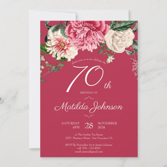 Invitation 70e anniversaire Red Floral Botanical Elegant Part (Devant)