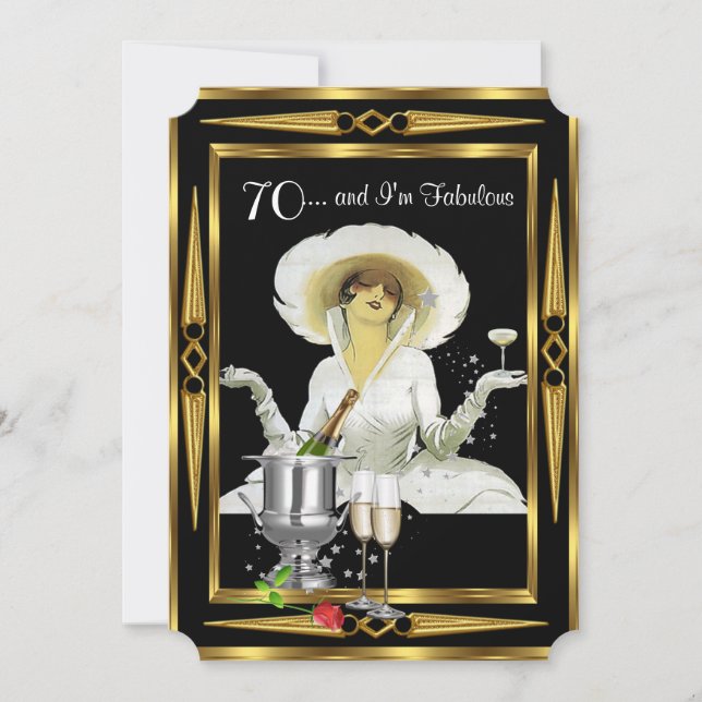 Invitation 70e anniversaire Retro Diva Art Déco Black Gold (Devant)