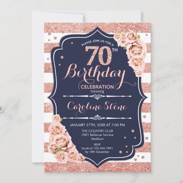 Invitation 70e anniversaire - Rose de la marine Gold et White (Devant)