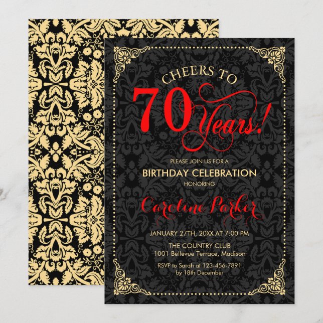 Invitation 70e anniversaire - Rouge Gold Black Damask (Devant / Derrière)