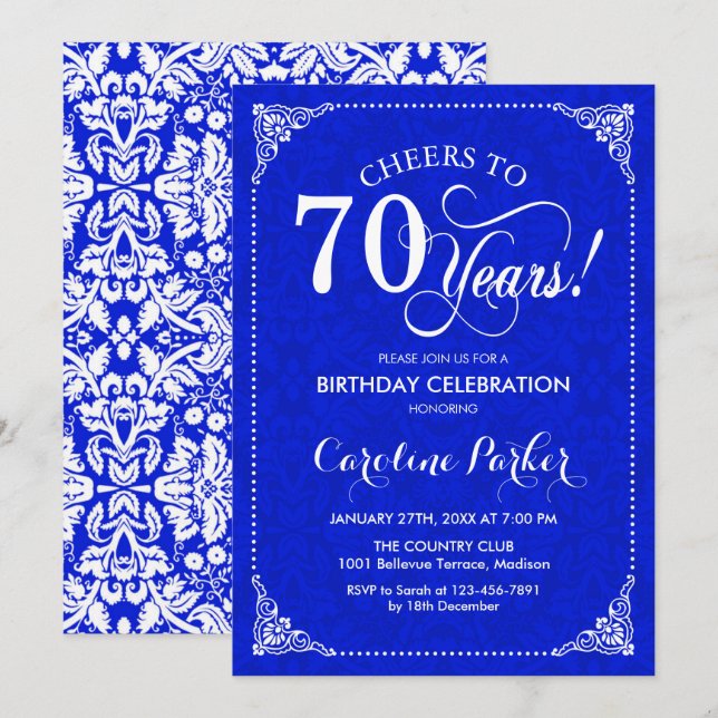 Invitation 70e anniversaire - Royal Blue White Damask (Devant / Derrière)