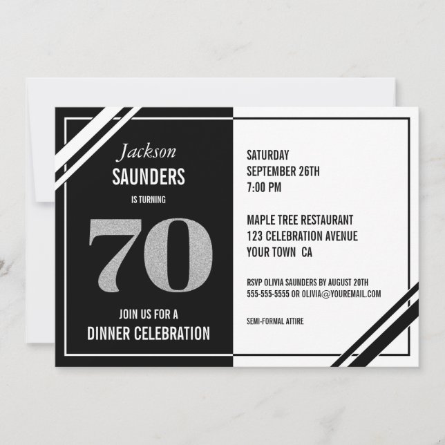 Invitation 70e anniversaire Soirée moderne Noir et Blanc (Devant)