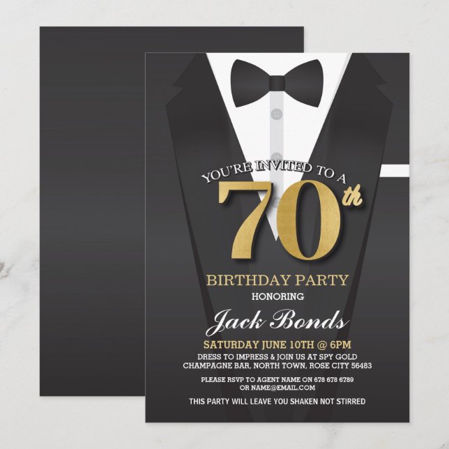 Invitation 70e anniversaire Spy Suit Black cravate Gold Invit (Devant / Derrière)