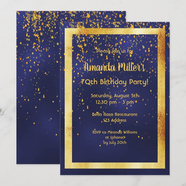 Invitation 70e anniversaire sur cadre bleu or de minuit (Devant / Derrière)